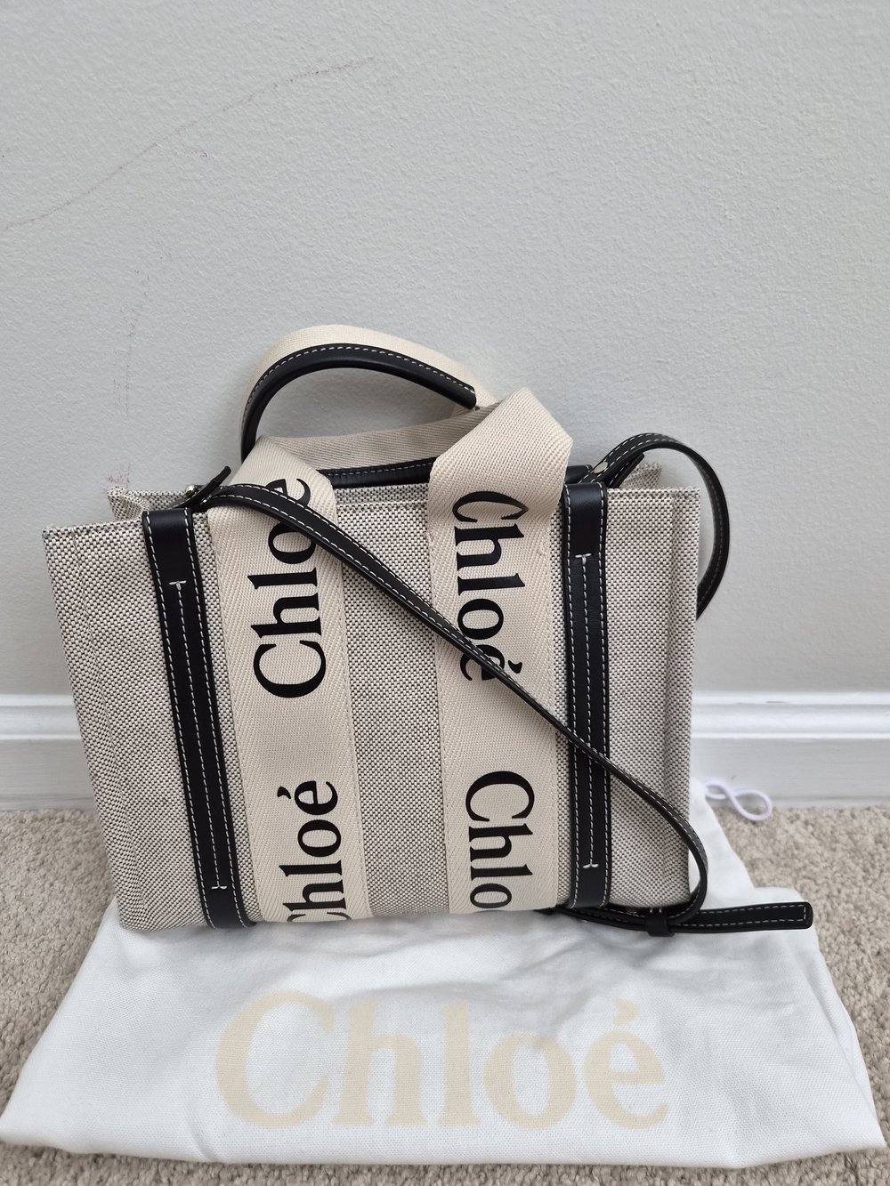 Chloé Beige Canvas Logo Tote with Black Trim and Straps